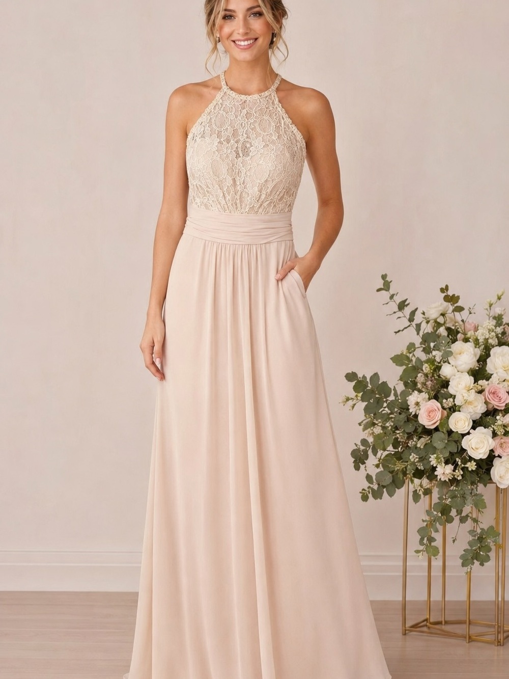 Bill Levkoff Champagne Lace Halter Chiffon Bridesmaid Gown Formal Dress Sz 2